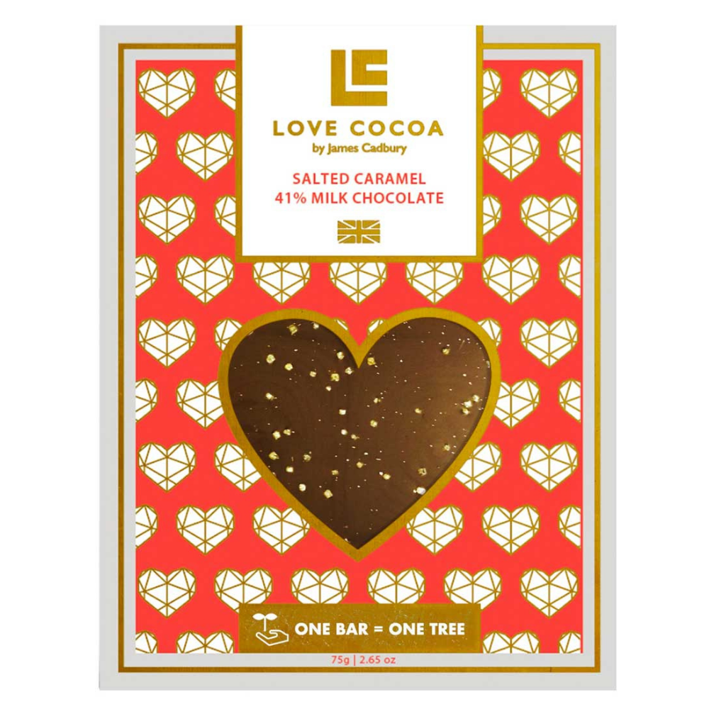 REDUCED TO CLEAR - Love Cocoa Milk Chocolate Salted Caramel Heart Bar 75g - BBE: JUNE 2023