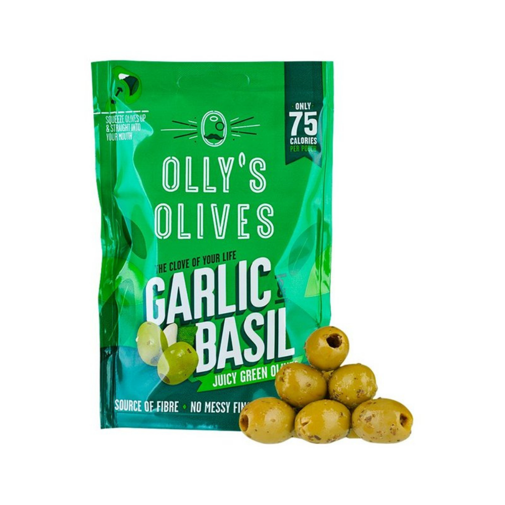 Olly's Garlic and Basil Green Olives 50g